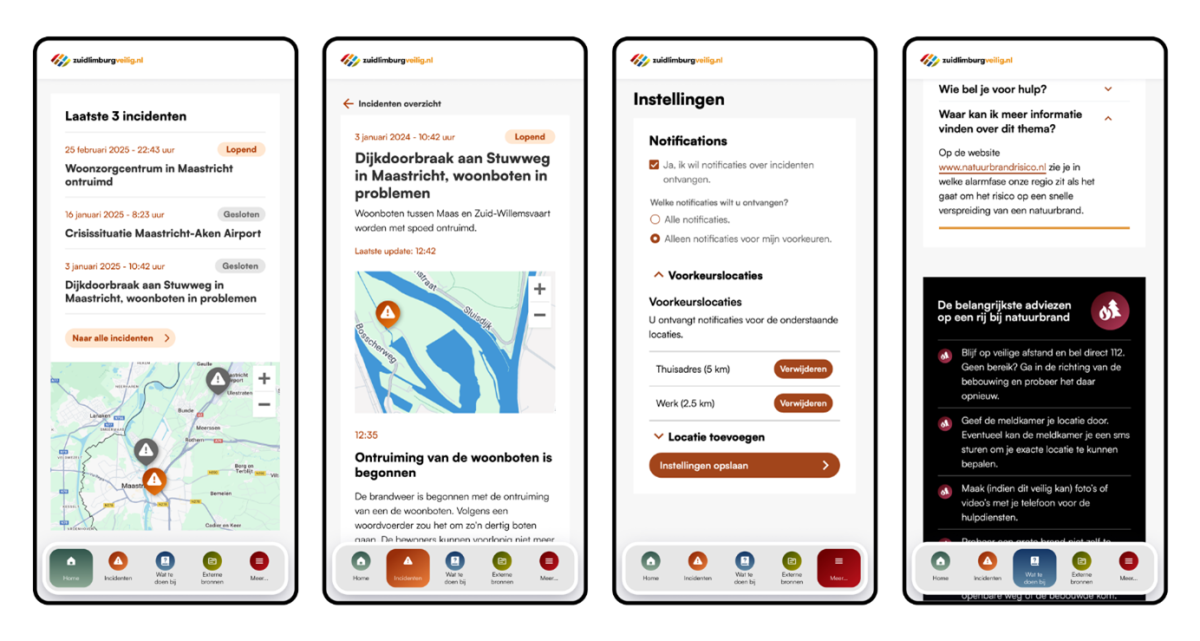 Screenshots van een mobiele app met kaarten en informatie over locaties.