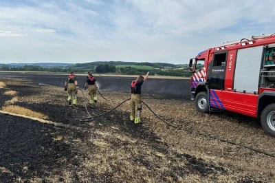 Brandweermensen blussen een brand bij een afgebrand gebied, met een brandweerwagen op de achtergrond.